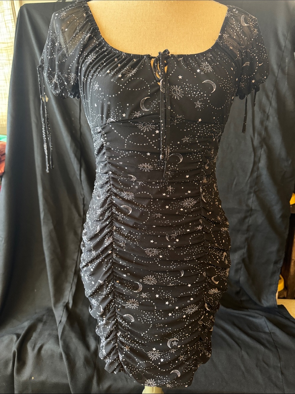Ultra Flirt Black Celestial Ruched Mini Dress with Puff Sleeves